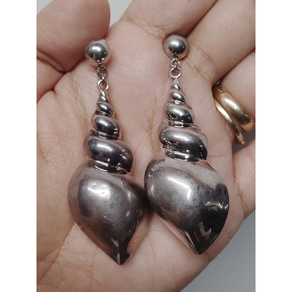 RARE Vintage ND .925 Sterling Silver Large Conch Shell Dangle Earrings 2.5" 15g